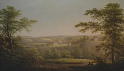 Easby Hall und Easby Abbey mit Richmond, Yorkshire im Hintergrund